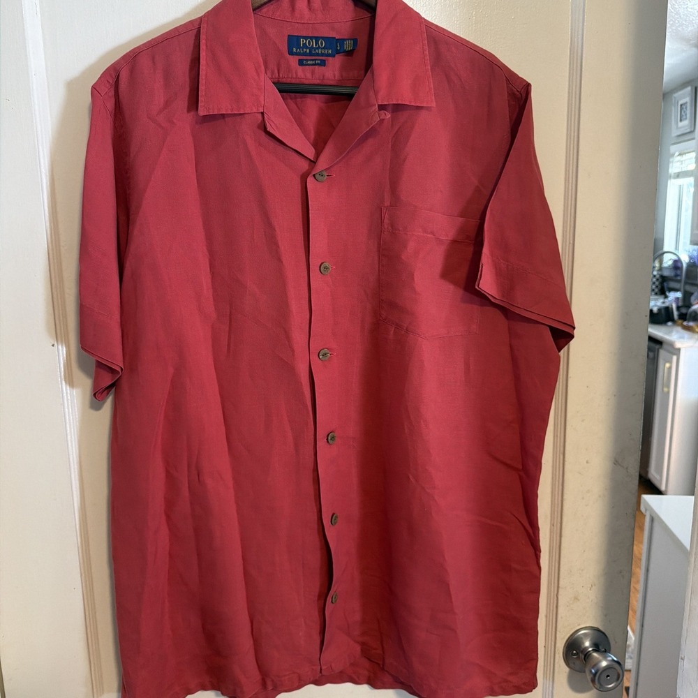 Polo Ralph Lauren Men's Shirt Linen Blend Large Red Short Sleeve Button Up
